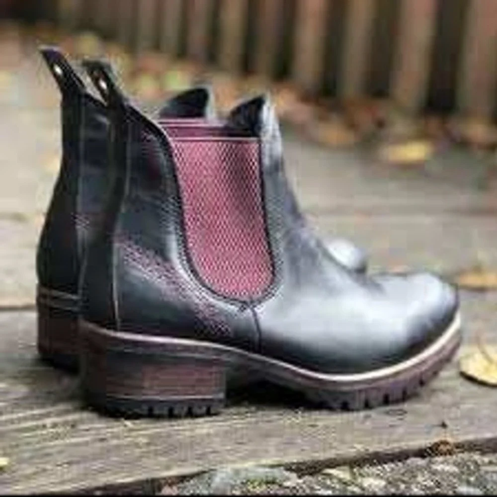 Bueno Footwear Florida Boot Womens Black Leather Red accent Chunky Heel Boots 40